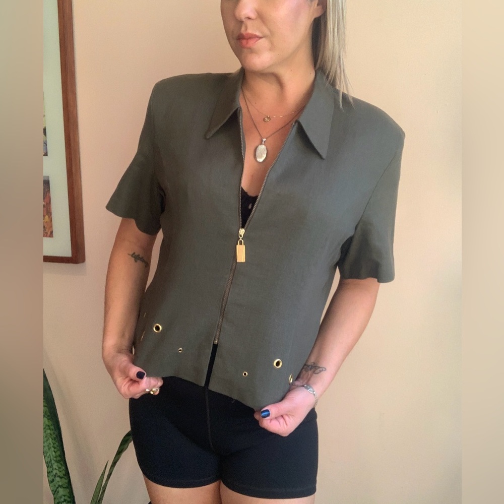 Vintage 1990’s Army Green Short Sleeve Zip Up 'Jessica' Blouse Large